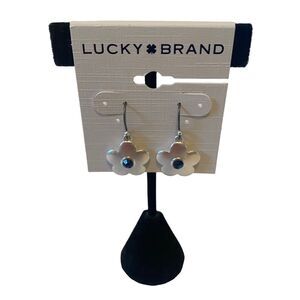 Matte Silver & Dk Blue Crystal Daisy Drop Earrings.